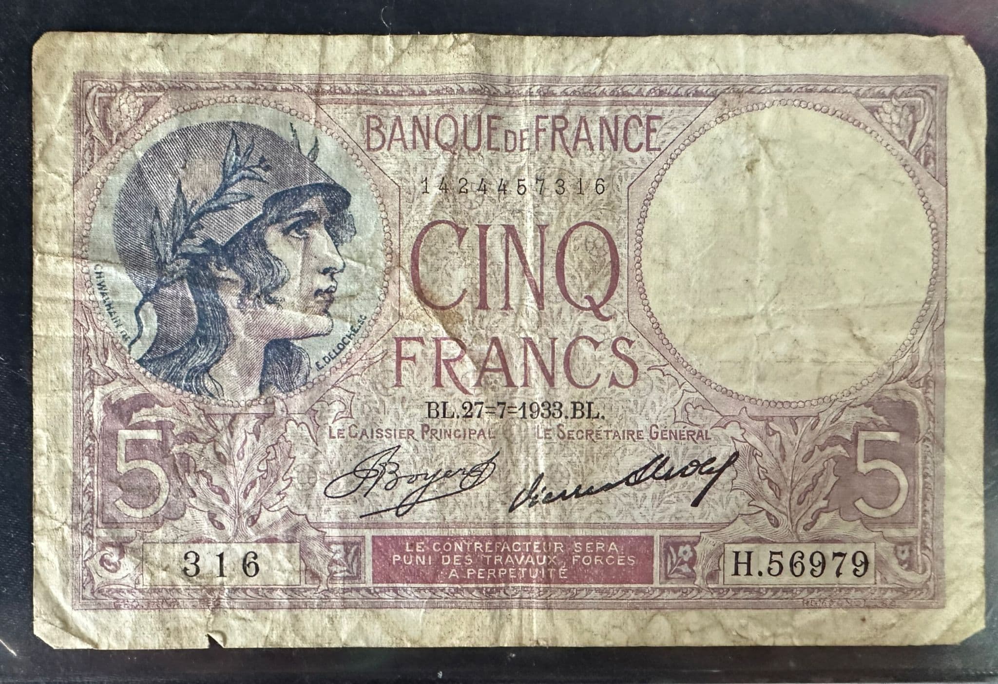 Bancnotă veche 5 Francs – Franța 1933 (Banque de France)